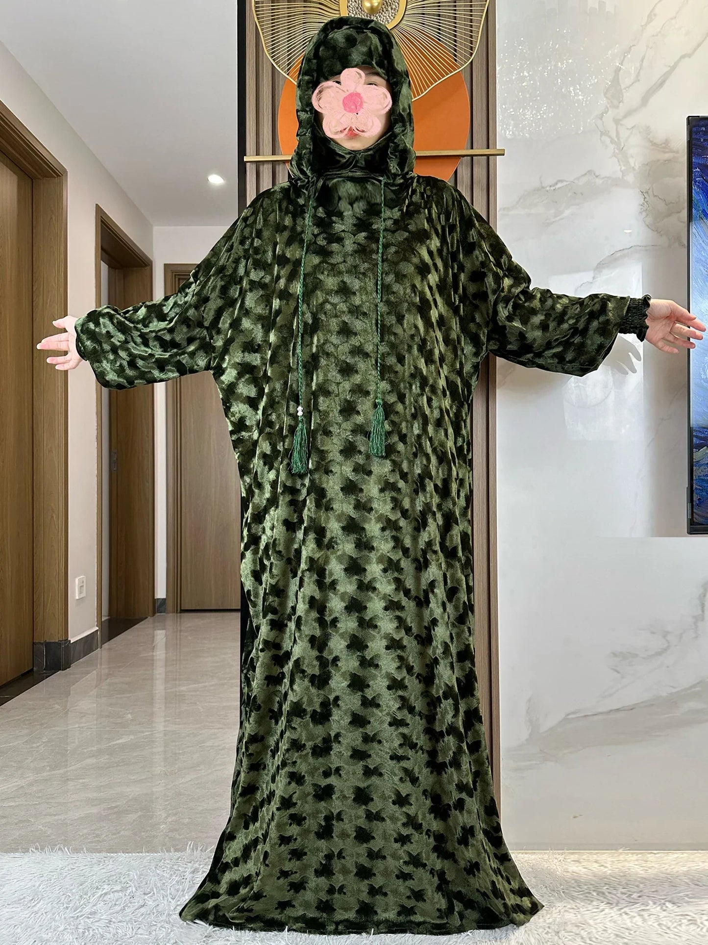 High Quality Velvet Fabric 2025 Ramadan Muslim Lady's Abaya Two-Hats Dubai Turkey Style Islamic Prayer Clothing Kaftan Dress