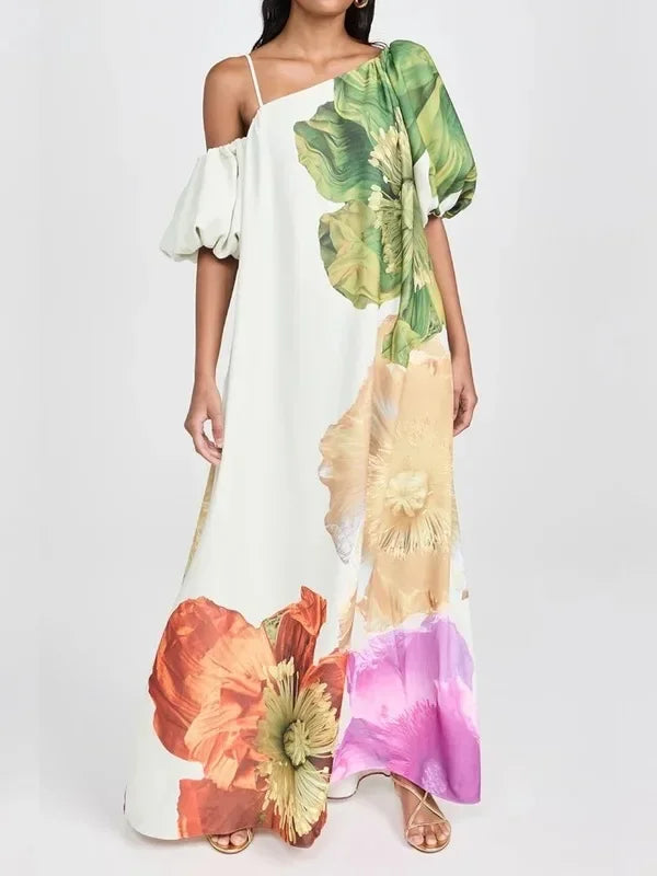 UOOZEE 2025 New Women Fashion Elegant Floral Printed Evening Maxi Dresses Loose One-Shoulder H-line Vacation Bohemia Dress