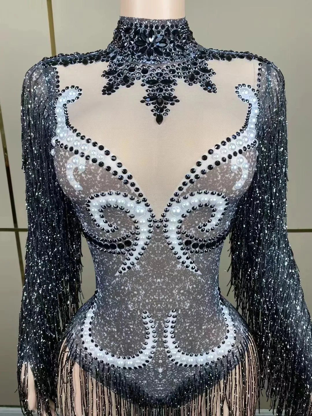 Stage Latin dance cha-cha dance practice suit stretch slim skirt fringe flash small diamond pearl design suit