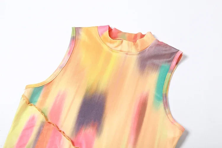BWQ Colorful Tie-dye O-neck Maxi Dress Women Hipster Topstitch Patchwork Sleeveless Slim Robe Female Streetwear Vestido