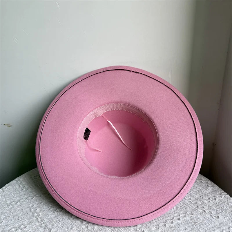 Women's Fashionable Fedora Hat 10CM Wide Brim Flat Top Felt Hats For Wedding And Jazz