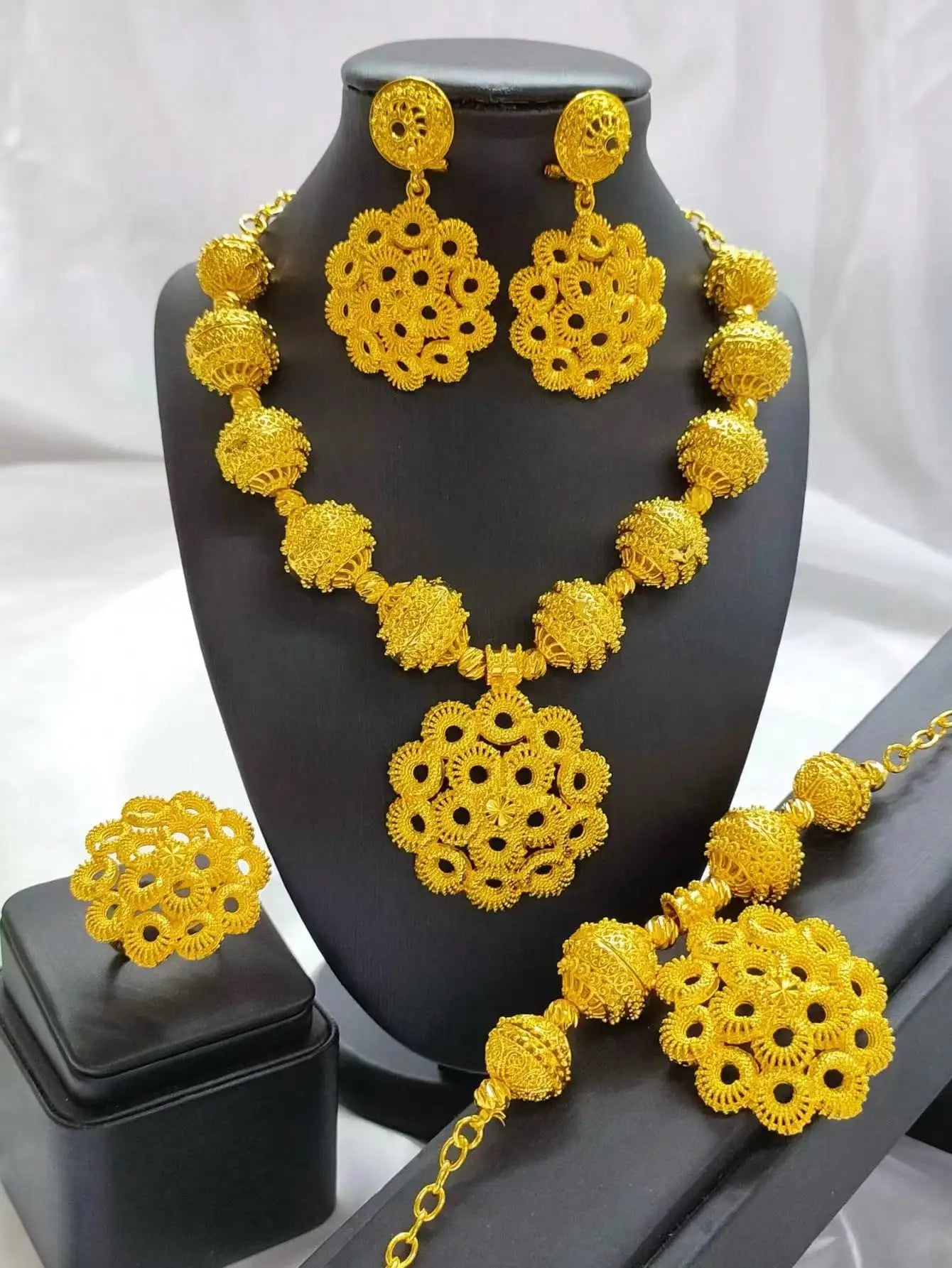New Dubai African Bead Jewelry Set for Women Party Gifts Wedding Accessories 24K Gold Color Necklace Ring Bangle Earrings Sets