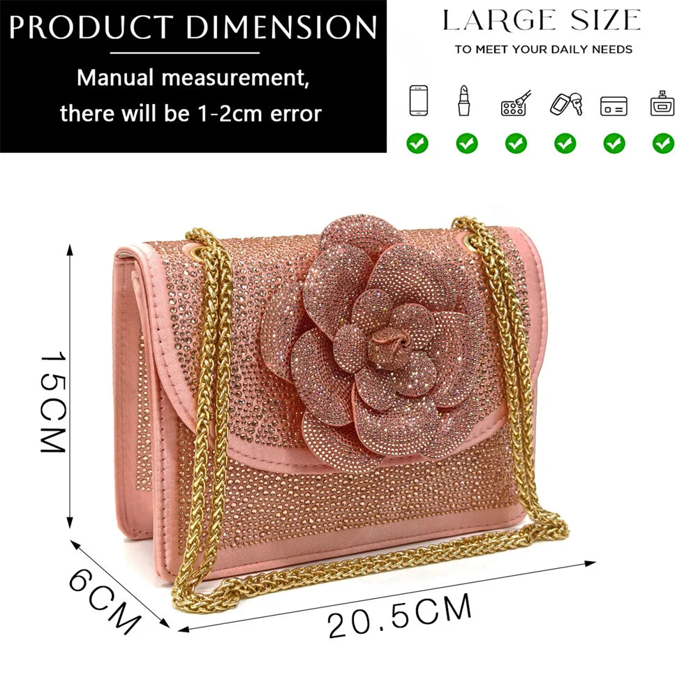 Women's Pointed-Toe Large Flower Decoration Rhinestone Low Heel Italian Shoes and Bags Set