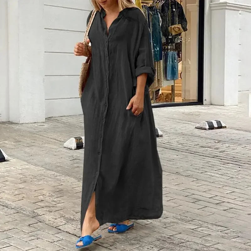 2024 Spring Cotton Linen Oversize Women Dress Long White Button Loose Dresses Female New Casual Trendy Elegant Ladies Clothes