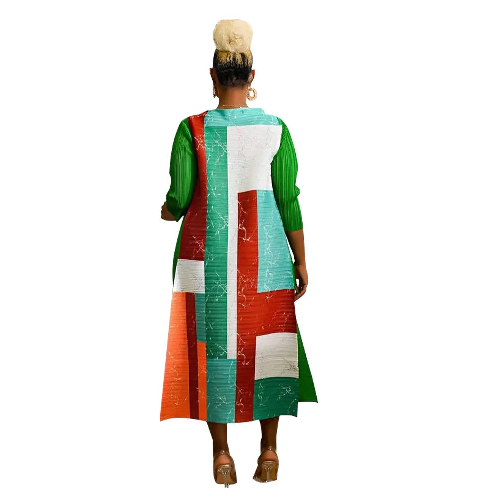 2023 Fashion African 3/4 Sleeve Polyester Plus Size O-Neck Pleated Long Dress Dashiki African Clothes African Dresses for Women
