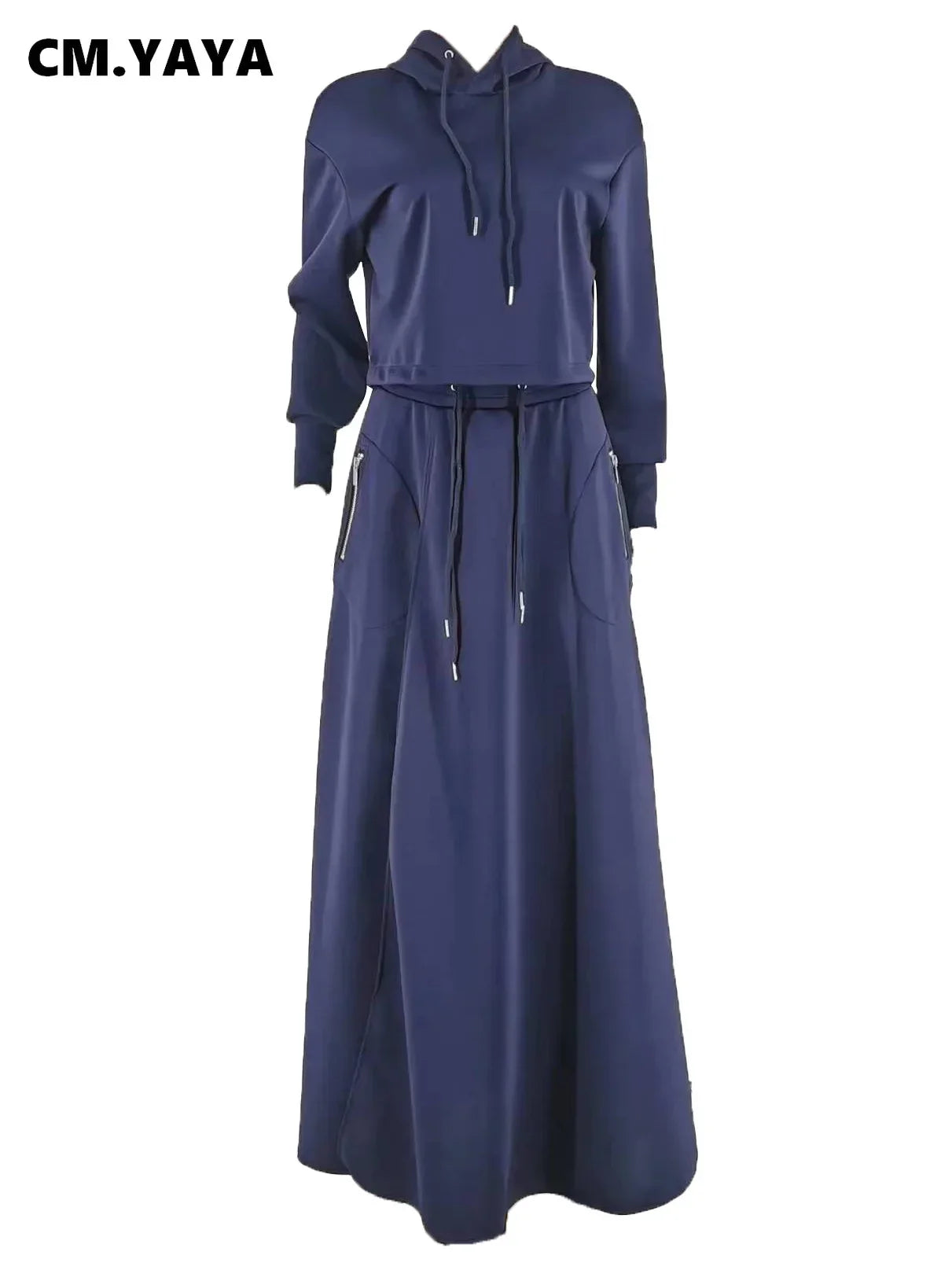 CM.YAYA Fashion Women's Set Long Sleeve Hooded Sweatshirt and High Side Split A-line Maxi Skirt Suit 2024 Two 2 Piece Set Outfit