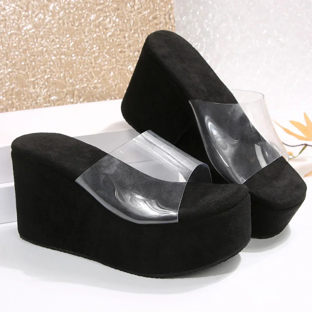 Trade Big Size New Style One-Strip Transparent Toe Exposed Platform Thick-Heeled Waterproof Platform Slippers Women's Slippers