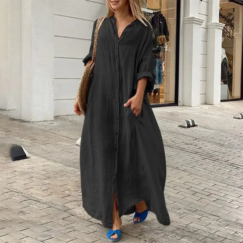 2024 Spring Cotton Linen Oversize Women Dress Long White Button Loose Dresses Female New Casual Trendy Elegant Ladies Clothes