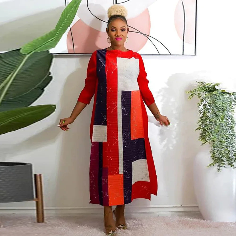 2023 Fashion African 3/4 Sleeve Polyester Plus Size O-Neck Pleated Long Dress Dashiki African Clothes African Dresses for Women