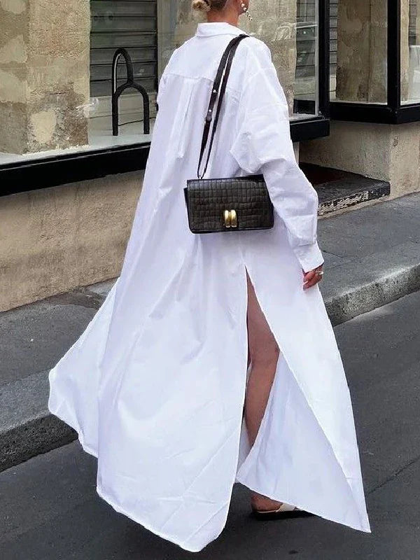 Krisstargirls White Maxi Dresses for Women 2025 Spring Summer Clothing Split-side Woman Simple Casual Buttoned Long Shirt Dress