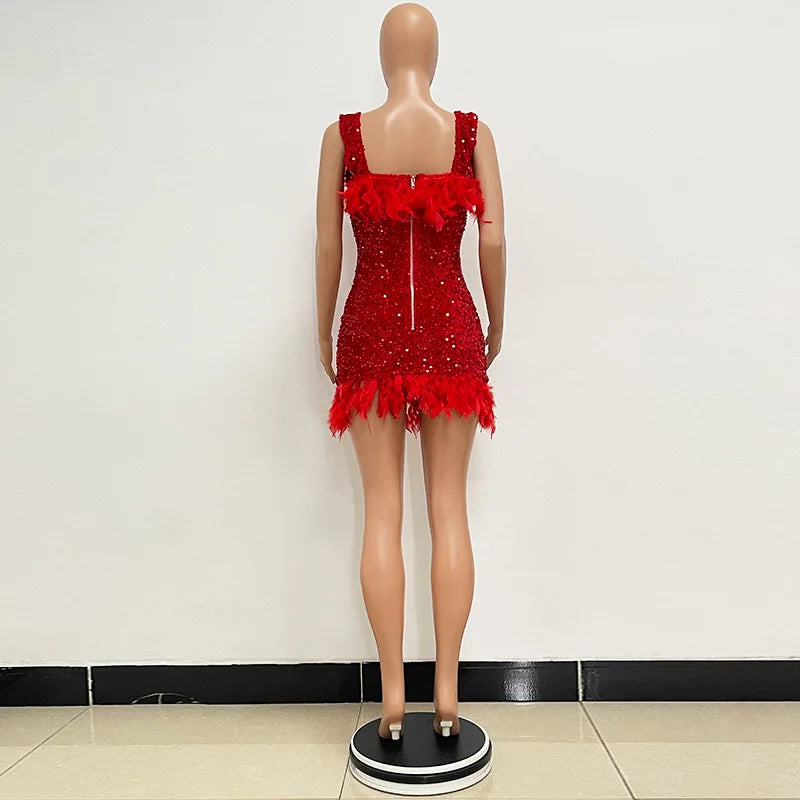 Spring And Summer Women's Clothing MINI Short Solid Color New Wind Sequins Halter Beach Dress One-word Shoulder Feathers Spice G