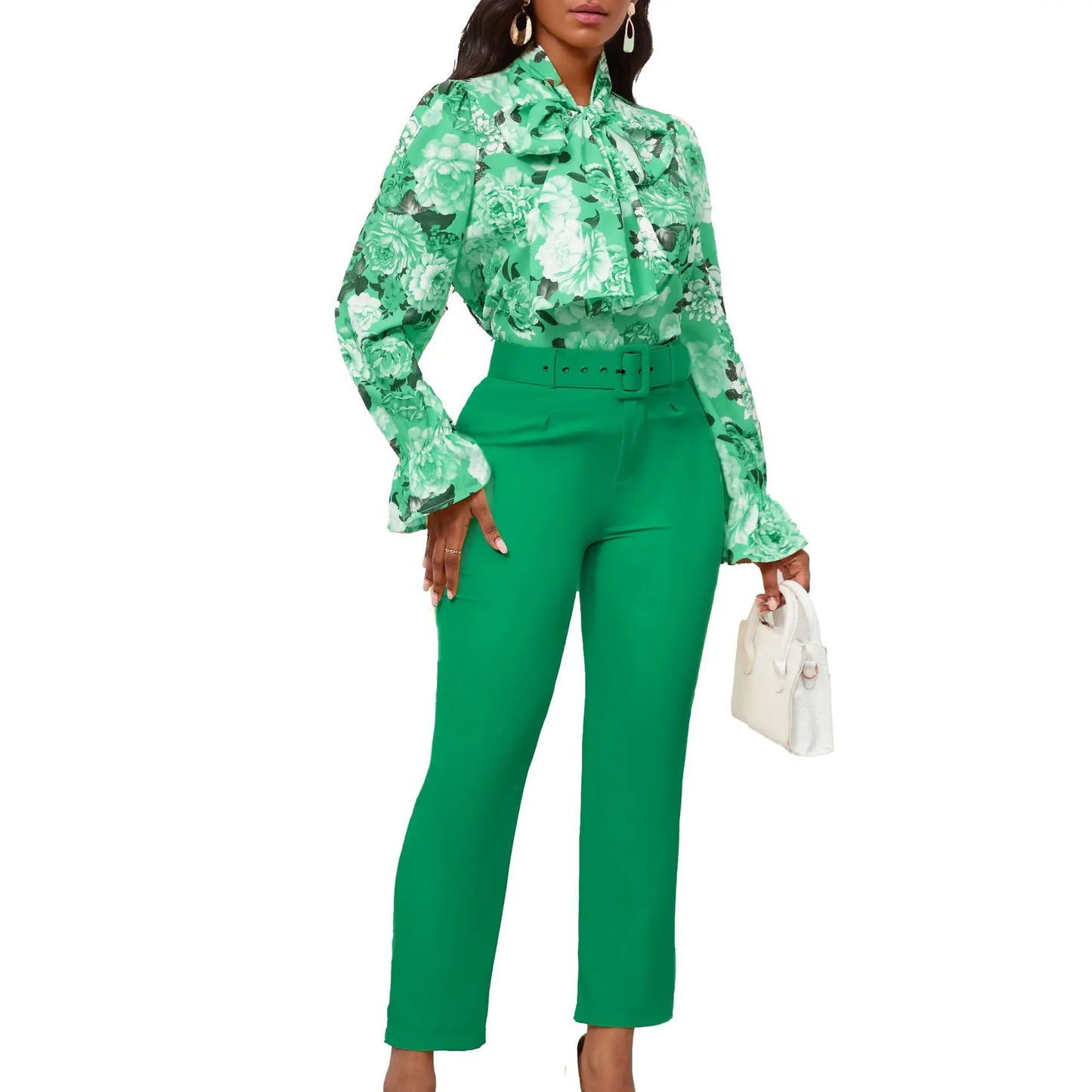 Fashion Print Two Piece Set Women Office Suits Tie Bow Neck Button Shirt + Belt Pencil Pants Elegant Slim Lady Sets Casual shirt