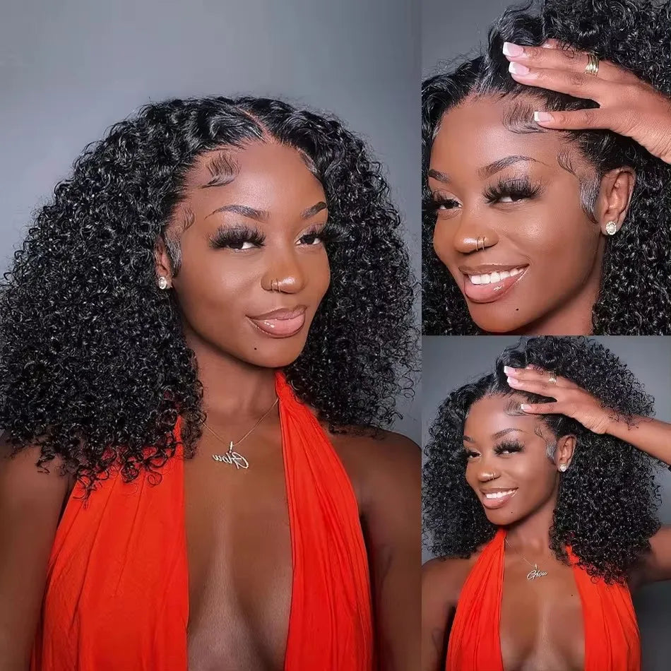 Natural Black Color Short Bob Cut 13X4  Lace Frontal Synthetic Wig For Women Deep Curly Preplucked With Baby Hair Cosplay Daily