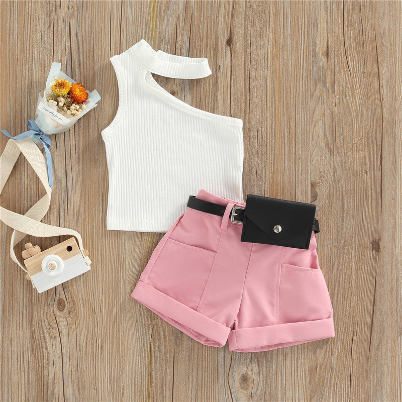 1-5 Years Infant Girl Casual Set Tanks Tops + Shorts + Waist Bag Pockets Decoration Casual Style Girls Summer Clothing Set