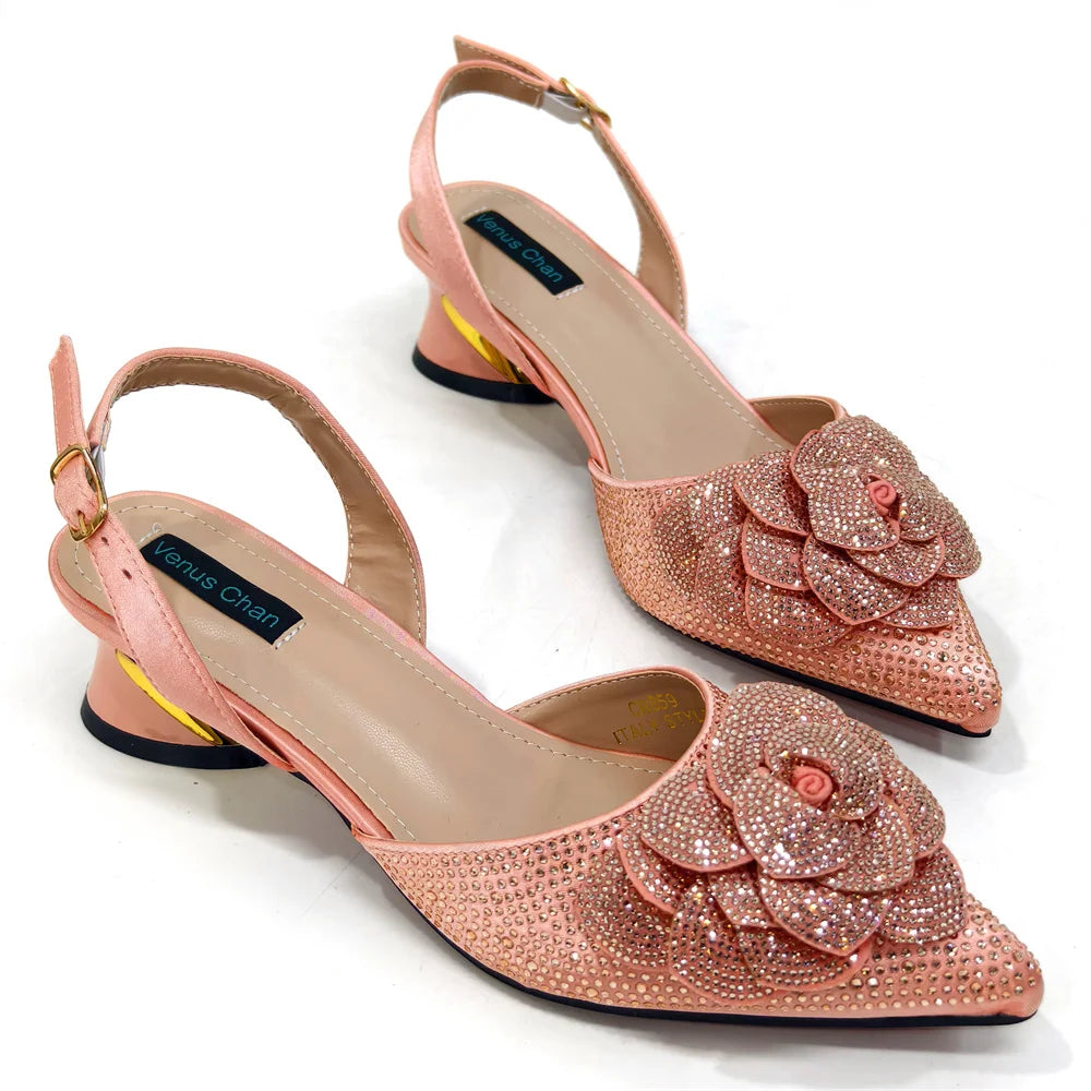 Women's Pointed-Toe Large Flower Decoration Rhinestone Low Heel Italian Shoes and Bags Set