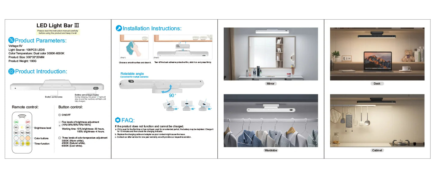 Rechargeable LED Mirror & Cabinet Light Bar – 3 Color, Dimmable, Magnetic, Remote Control