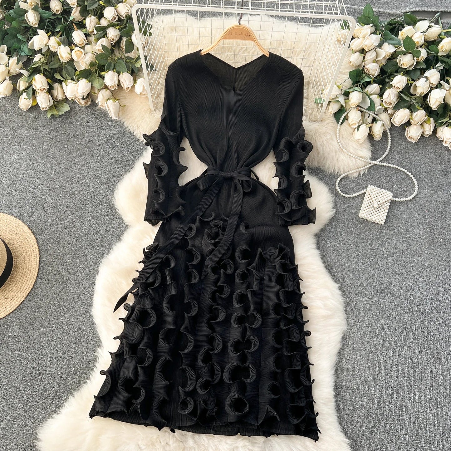European Court Style Dress Miyake for Women A Design Sense Tassel V-neck Slim Fit Long High-temperature Pleated Flared Sleeve