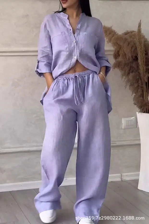Women's Fashion Set Casual Long Sleeve Pocket Shirts + Loose Wide Leg Pants 2 Piece Set For Women Spring Autumn Women Clothes