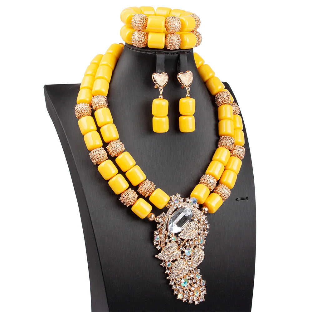 Artificial Coral Women Pendant Necklace Bracelets Earrings Suit African Wedding Jewelry Set Nigeria Bride Accessories Party Gift