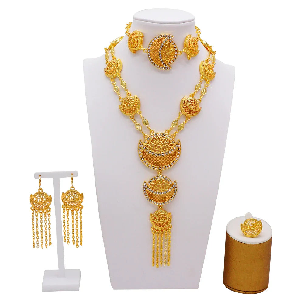 Dubai Gold Color Jewelry Set For Woman Bridal Nigerian African Long Chain Necklace Earrings Bracelet Ring Jewellery Set