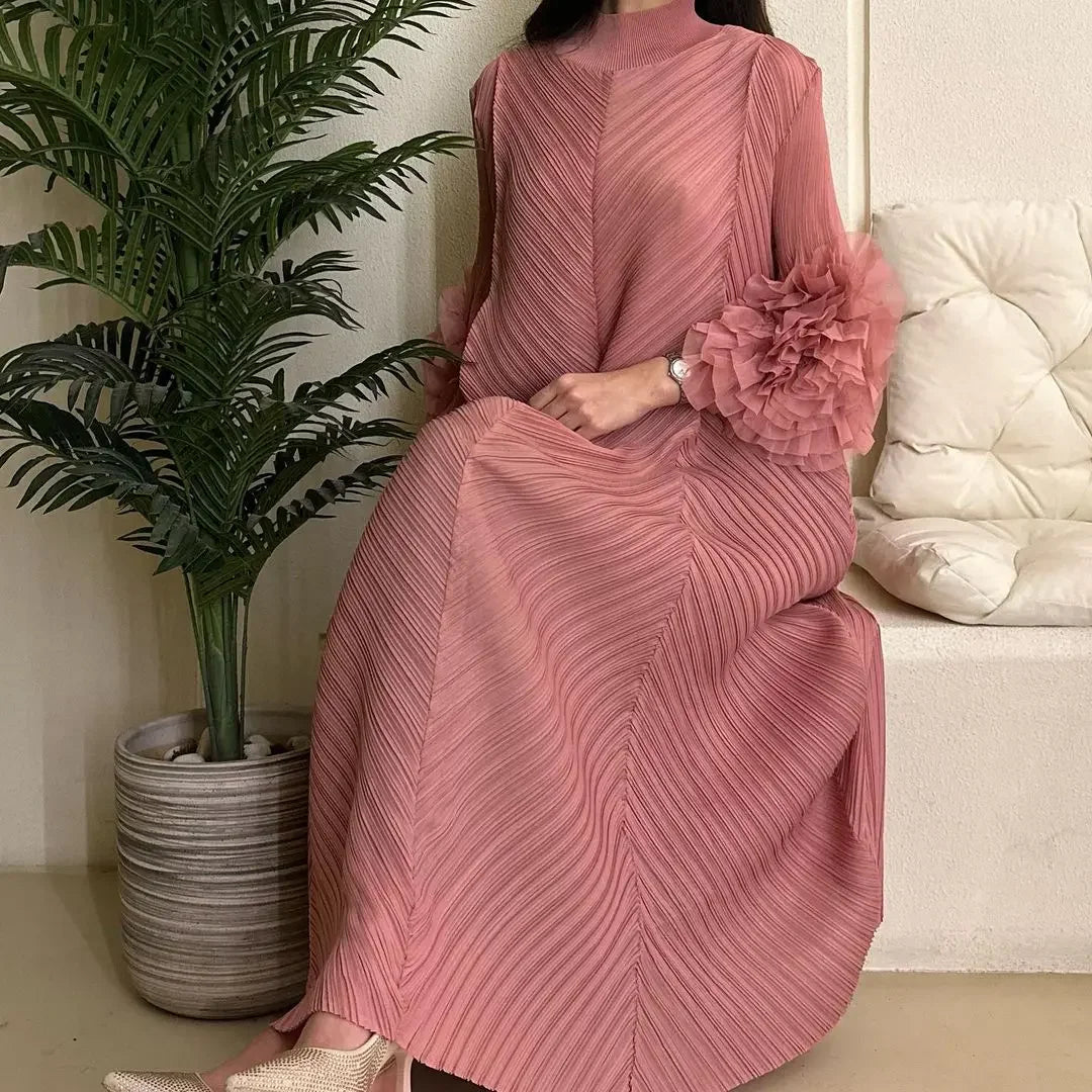 Pleated Maxi Long Dress Mesh Petal Sleeve Half Turtleneck Formal Dresses for Women 2024 New Hot Sales