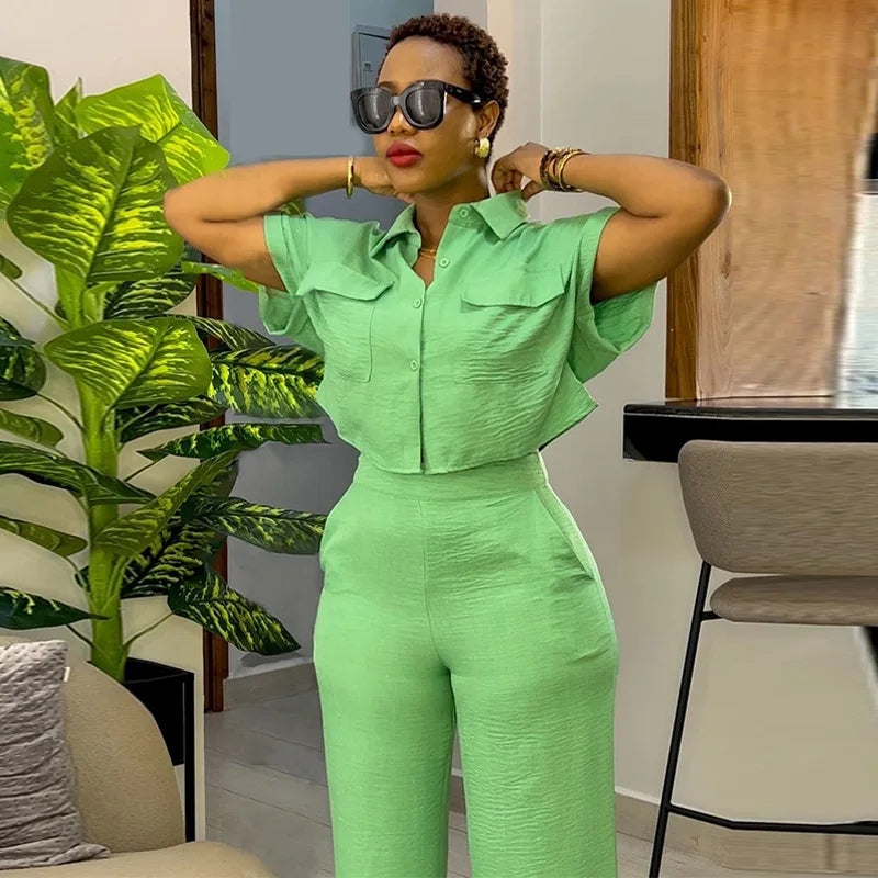 Casual Women's Solid Two Piece Sets Spring Summer Turn-down Neck Short Sleeve Loose Top & Wide Leg Pants Set Streetwear Outfits