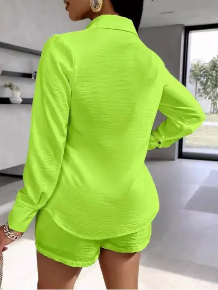 Female Fashion Short Pants Sets Shirt Tops Turn Down Collar Long Sleeve High Waist Pants 2 Piece Outfits For Women Summer New