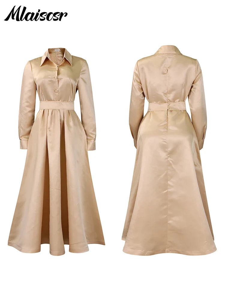 Mlaiscsr Lapel Button A Lint Khaki Mid Dress Women Elegant Office Long Sleeve Bandage Pocket Pleated Birthday Commuter Vestidos