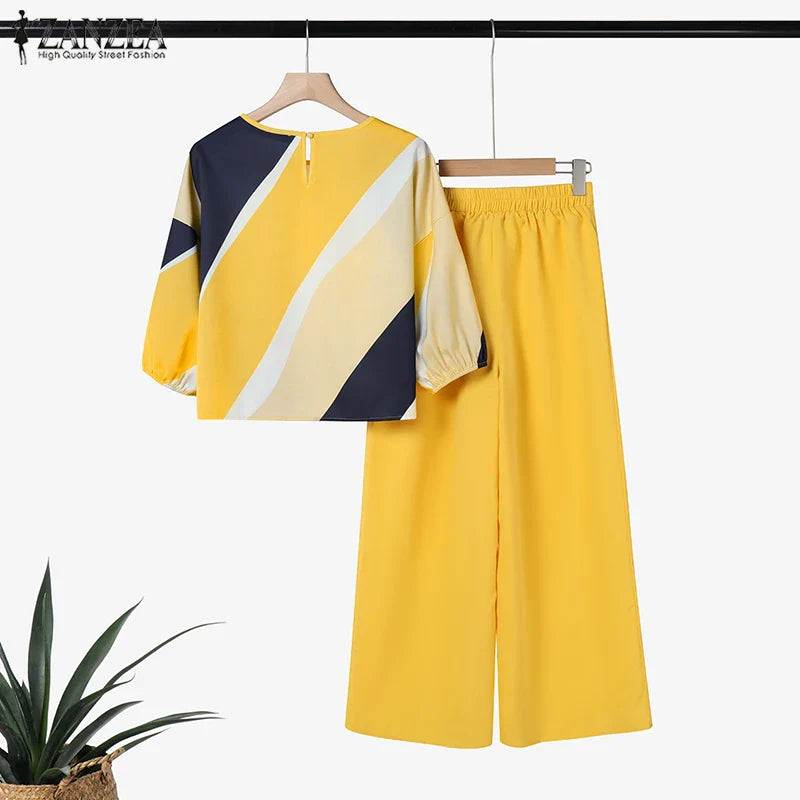 2PCS Summer Pant Sets ZANZEA Fashion Women Outfits 3/4 Sleeve Printed Blouse Trousers Suit Casual Work Tracksuits Matching Sets