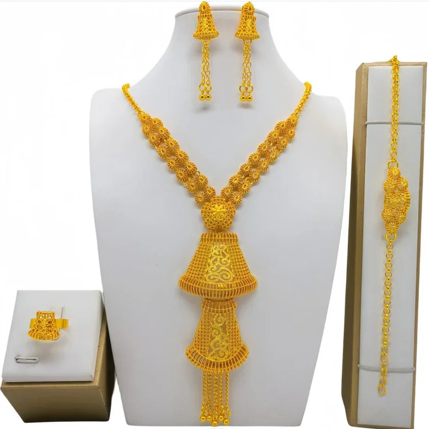 Fashion Dubai Flower Design Luxury 24k Gold Color Women's Jewelry Set African Fashion Bracelet Earrings Necklace Ring Four Piece