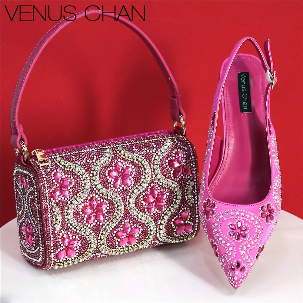 Elegant And Sexy Fuchsia Color High Heels Shoes And Bag With Rhinestone Embellished Toe Is Comfortable Women's Shoes For Party