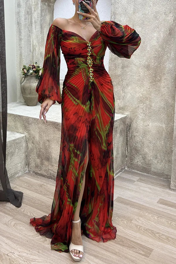 Women Floral Lantern Long Sleeve Dress Elegant Rhinestone Off Shoulder Maxi Dresses Sexy Deep V-neck  Waist Split Parties Dress