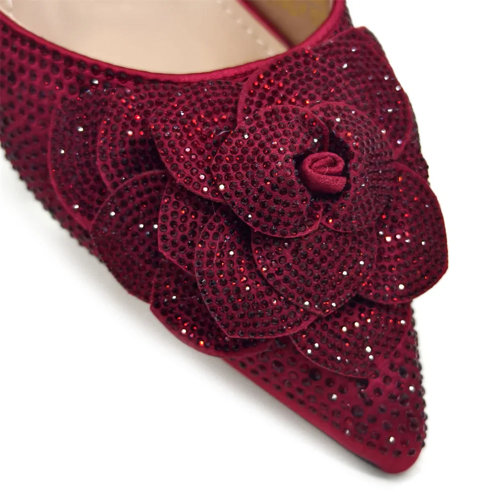 Women's Pointed-Toe Large Flower Decoration Rhinestone Low Heel Italian Shoes and Bags Set