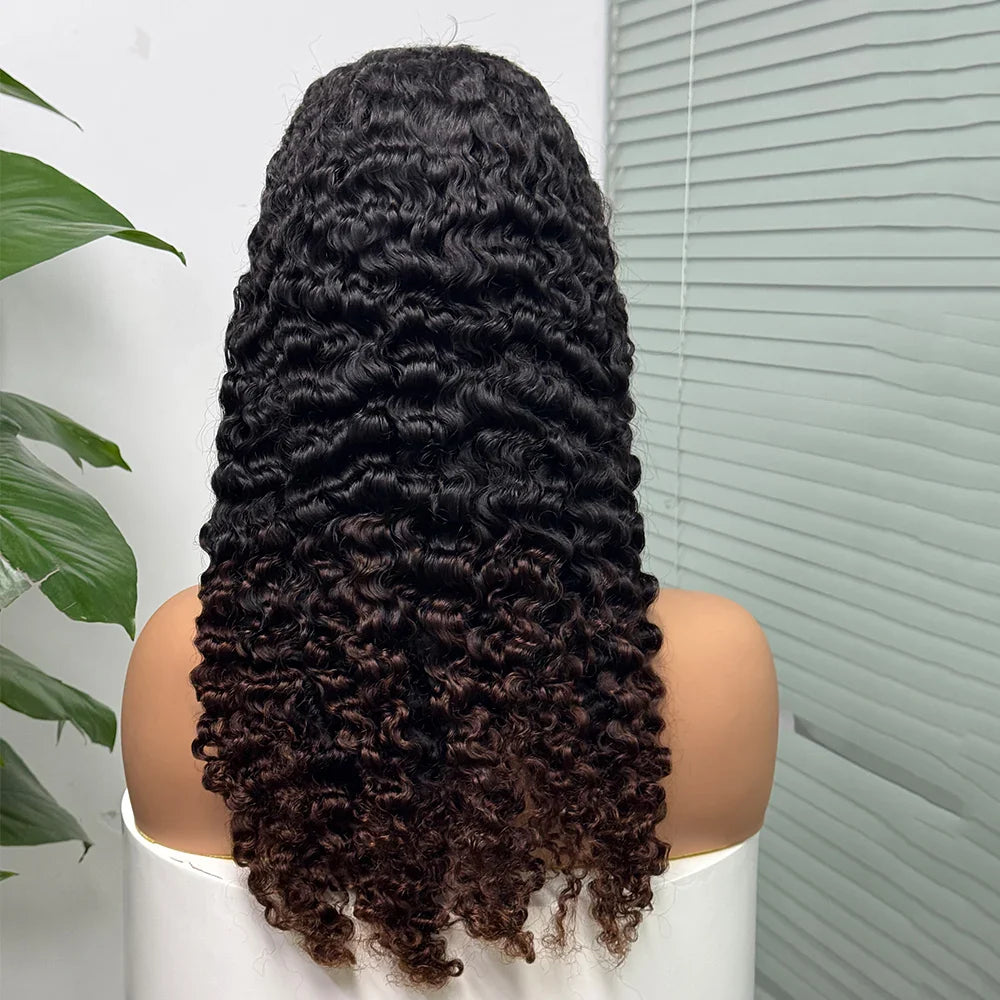 5x5 Lace 300% Density Burmese Deep Curly Hair Ombre Double Drawn Human Wig Transparent Lace Front