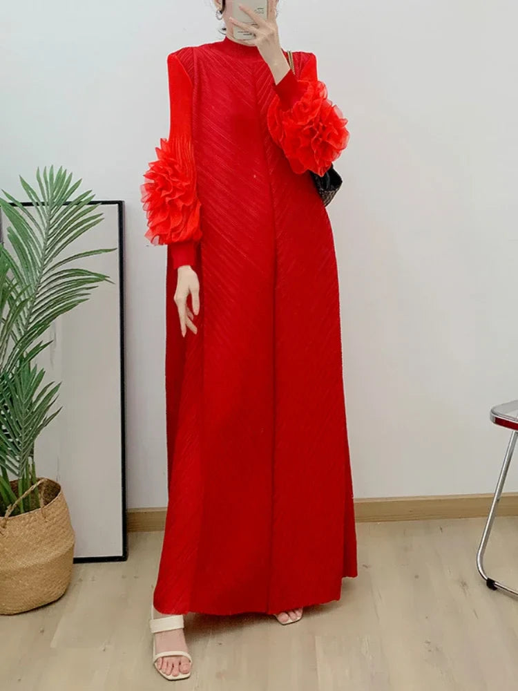 Pleated Maxi Long Dress Mesh Petal Sleeve Half Turtleneck Formal Dresses for Women 2024 New Hot Sales