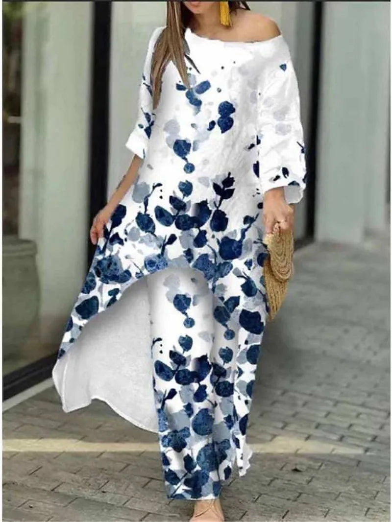 Women's Fashion Spring/Summer Casual Loose Irregular Printed Nine Sleeve Round Neck Shirt High Waist Wide Leg Pants 2-piece Set