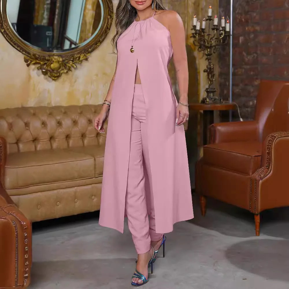 2024 New O Neck Solid Color & High Waist Pencil Pants High Slit Longline Top & Pants Set Sleeveless Summer Spring Clo