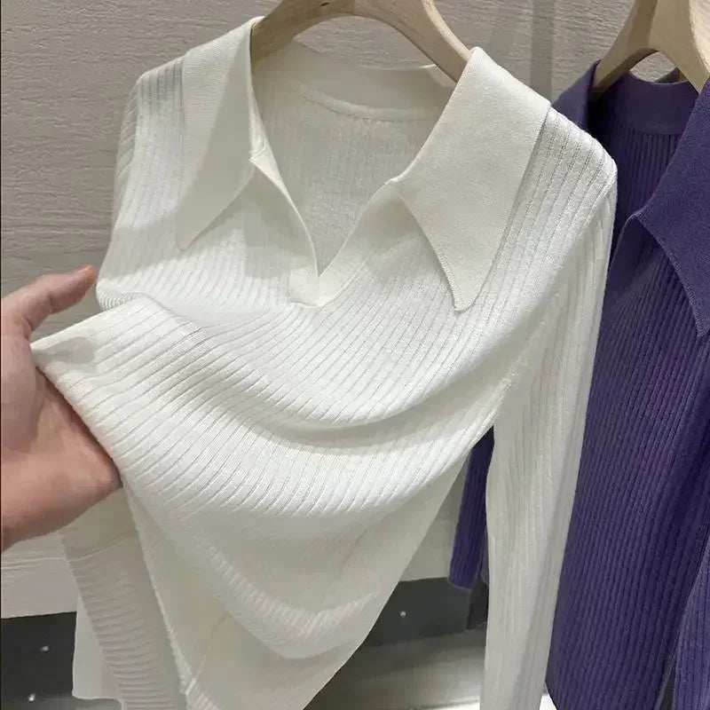 New 2025 Women's Turn-down Collar Long Sleeve Knitted Shirts Tops Solid Thin Sweater Female Elegant Knitwear Jumper Pullovers