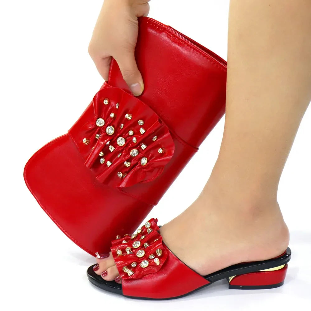 2024 Latest Italian Design Fashion African Women's Low Heel Comfortable Shoes and Bags Set Leather Casual Ladies Slippers