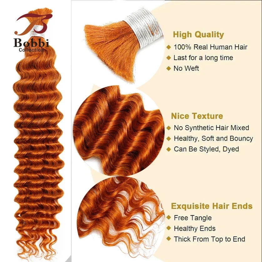 #350 Orange Color 100% Human Hair Bulk for Braiding 16-24 inch Deep Wave Jerry Curly Boho Braids Hair Bulk Extension Bobbi Hair