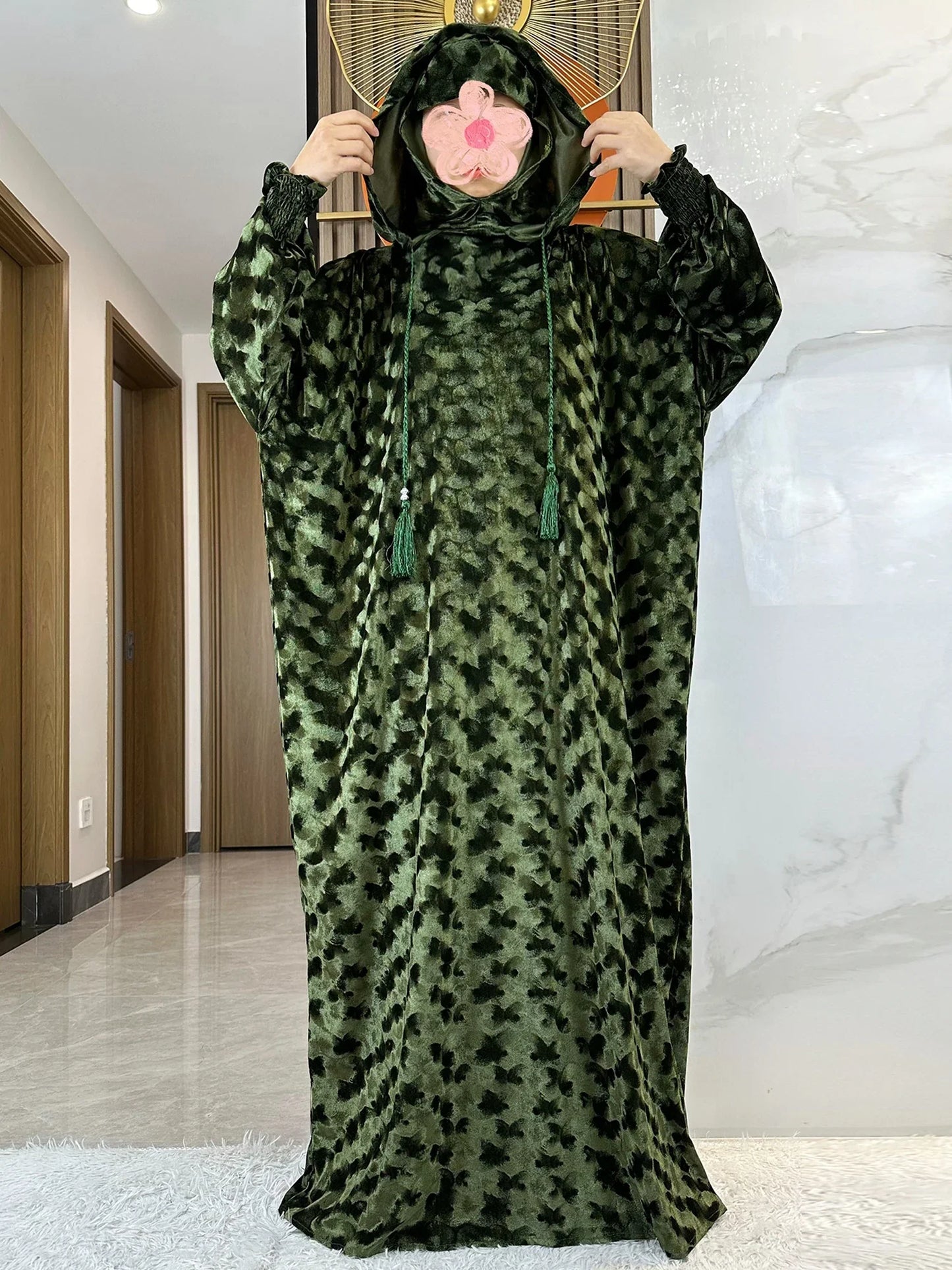 High Quality Velvet Fabric 2025 Ramadan Muslim Lady's Abaya Two-Hats Dubai Turkey Style Islamic Prayer Clothing Kaftan Dress