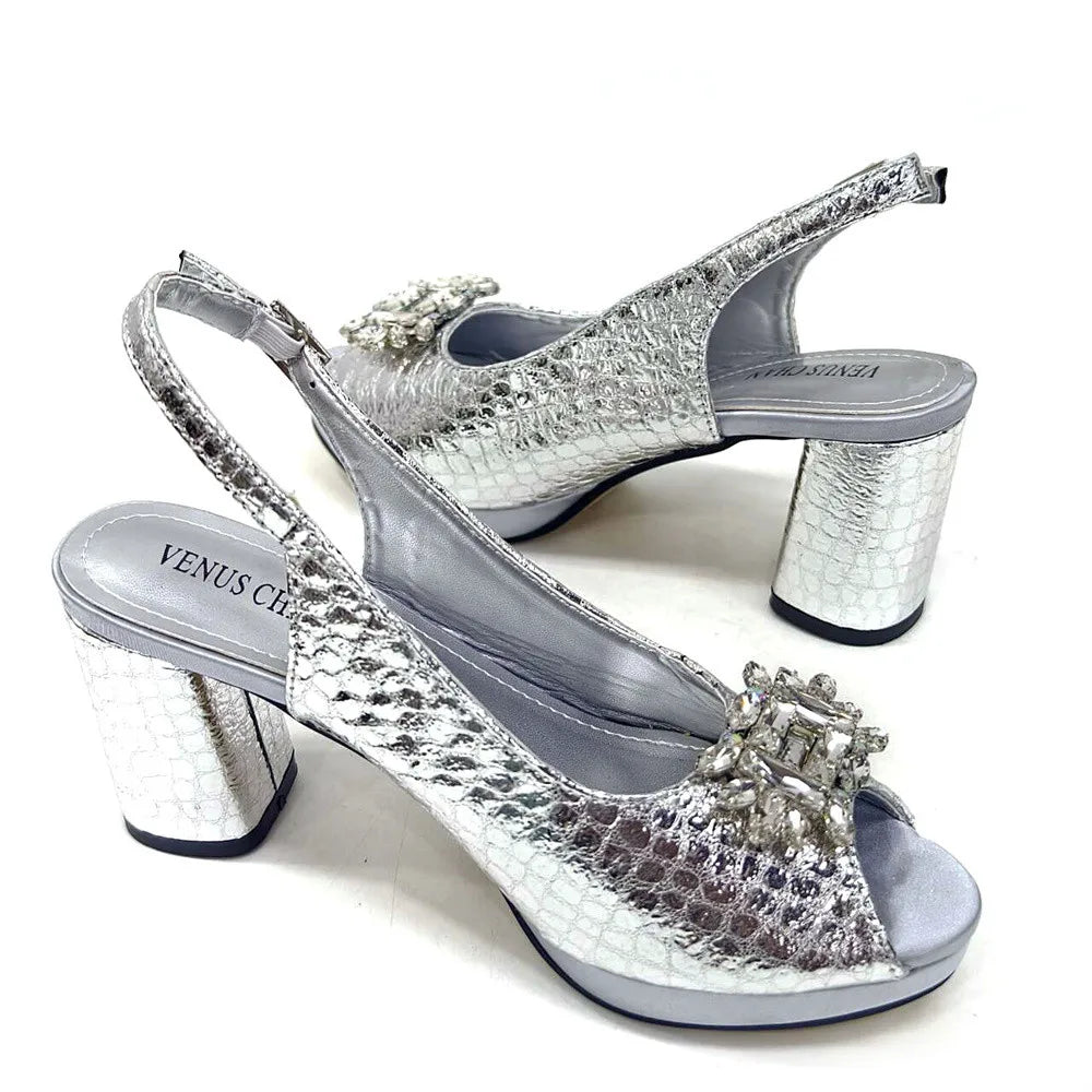 Women's Open Toe Heels Fashionable Rhinestone Decoration Shoe and Bag Set