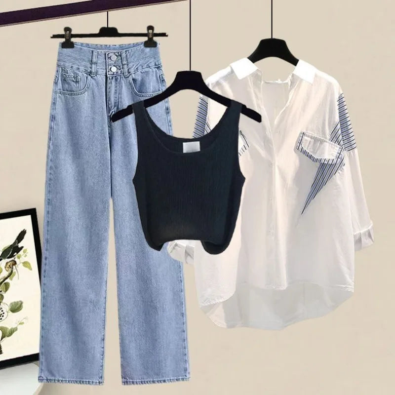 2025 Women Spring Summer New Striped Long Sleeve Shirt+Vest+Jeans 3-Piece Suit Korean Elegant Cardigan Denim Pants Matching Set