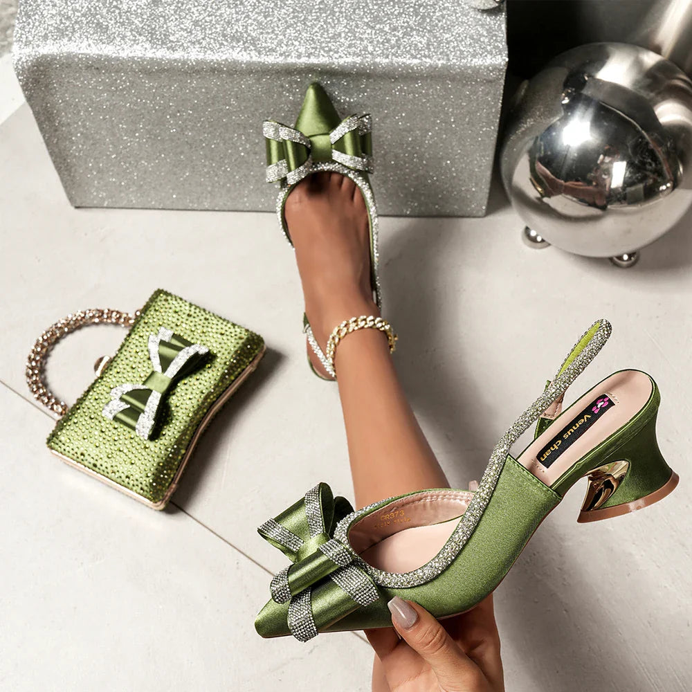 Women's Evening Low Heels Italian Shoes and Bag Set