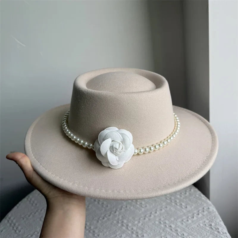 Women's Fashionable Fedora Hat 10CM Wide Brim Flat Top Felt Hats For Wedding And Jazz