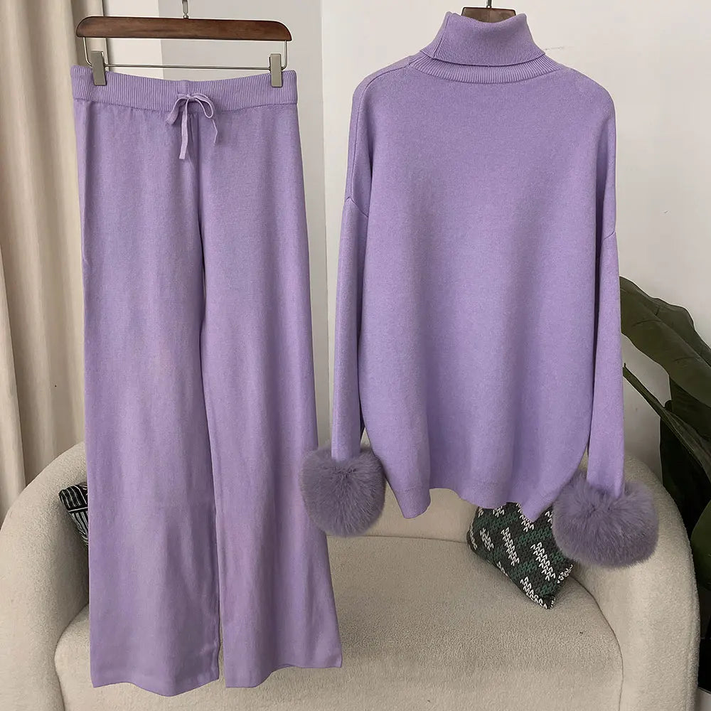 Fashion Autumn Winter Natural Real Fox Fur Cuffs Coat Knitted Sweater Women Long Pants Set Jacket Thick Warm