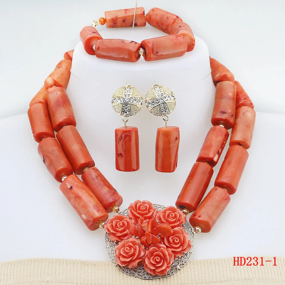 Double Layered Original Coral Nigerian Wedding Beads Jewellery Women Coral Costume Necklace Set