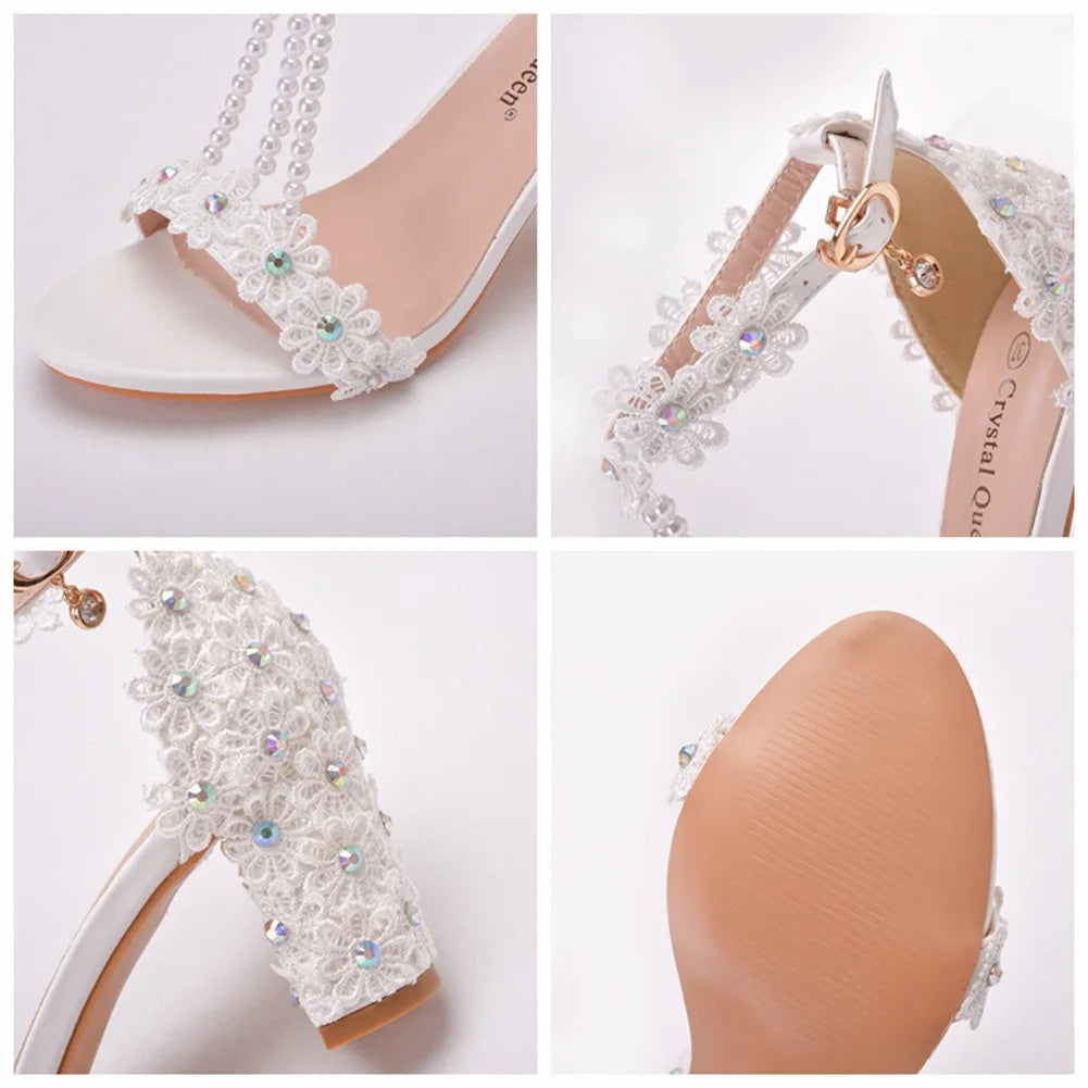 Plus Size 34-43 Shoes for Women Summer Lace Flower Sandals Peep Toe Fashion String Bead High Heel Party Wedding Evening Shoes