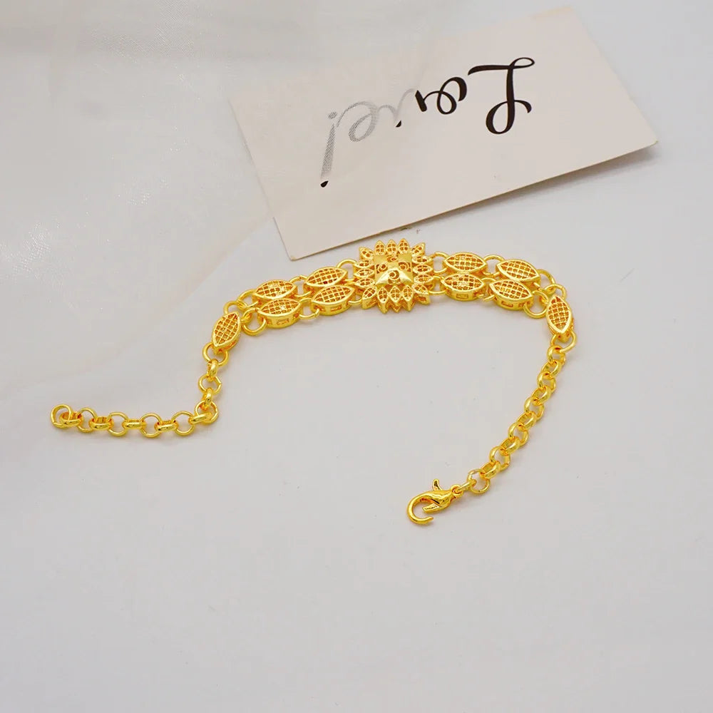 Dubai Gold Color Jewelry Set For Woman Bridal Nigerian African Long Chain Necklace Earrings Bracelet Ring Jewellery Set