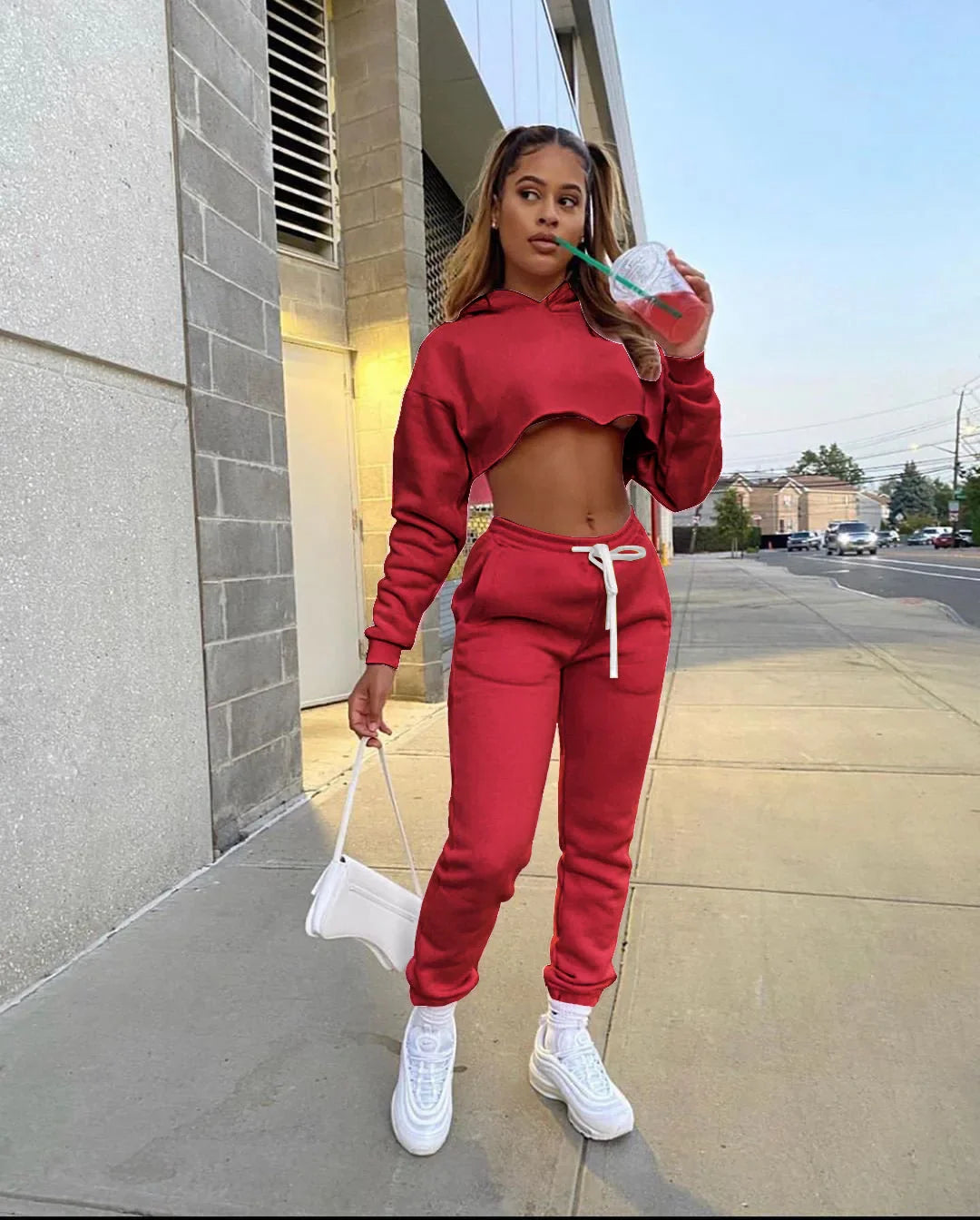 Women's Fitness Running Sets Fleece Long Sleeve Cropped Hoodies+Jogger Tracksuit